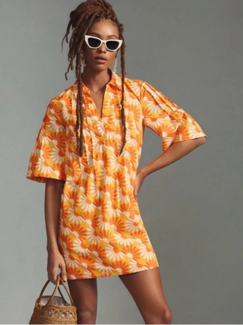 By Anthropologie Orange/White/Yellow Floral Printed Mini Dress Large EUC Retro - Picture 1 of 13